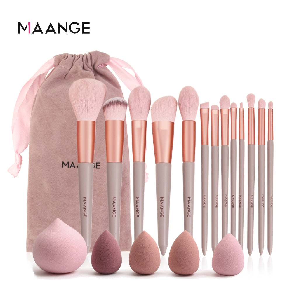 MAANGE Pro Pink Makeup Brush with Mini Sponge Sets EyeShadow Foundation Powder Blush Eyeliner Eyelash Beauty Make Up Tools Set