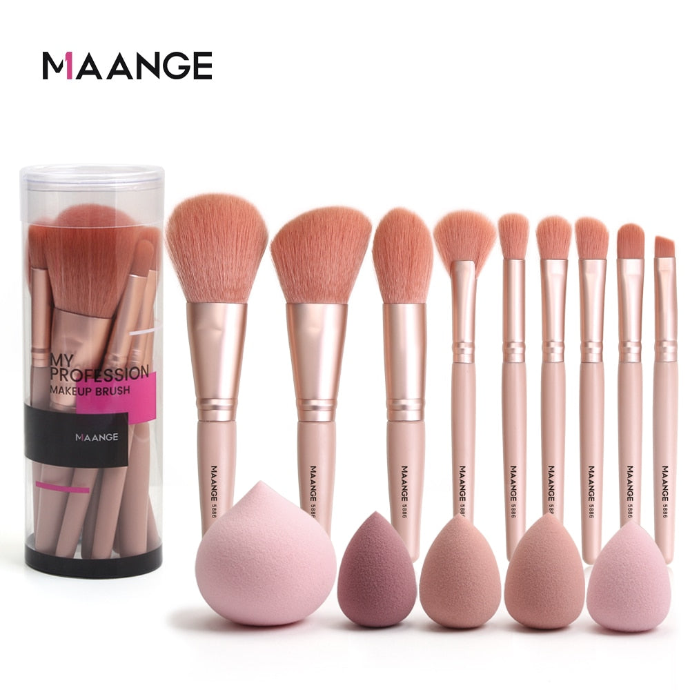 MAANGE Pro Pink Makeup Brush with Mini Sponge Sets EyeShadow Foundation Powder Blush Eyeliner Eyelash Beauty Make Up Tools Set