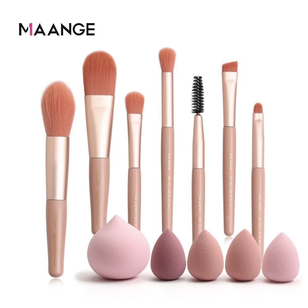 MAANGE Pro Pink Makeup Brush with Mini Sponge Sets EyeShadow Foundation Powder Blush Eyeliner Eyelash Beauty Make Up Tools Set