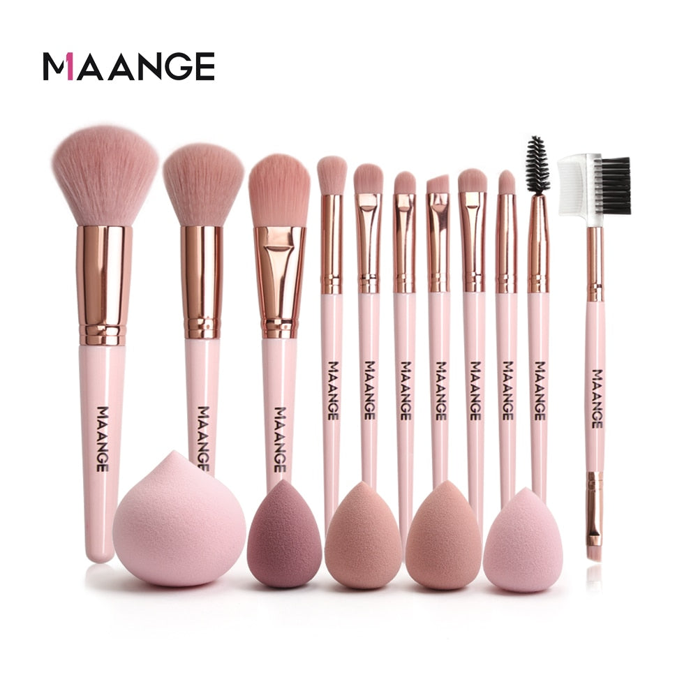MAANGE Pro Pink Makeup Brush with Mini Sponge Sets EyeShadow Foundation Powder Blush Eyeliner Eyelash Beauty Make Up Tools Set