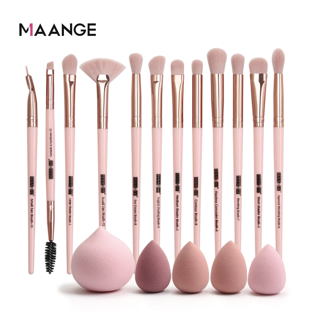 MAANGE Pro Pink Makeup Brush with Mini Sponge Sets EyeShadow Foundation Powder Blush Eyeliner Eyelash Beauty Make Up Tools Set